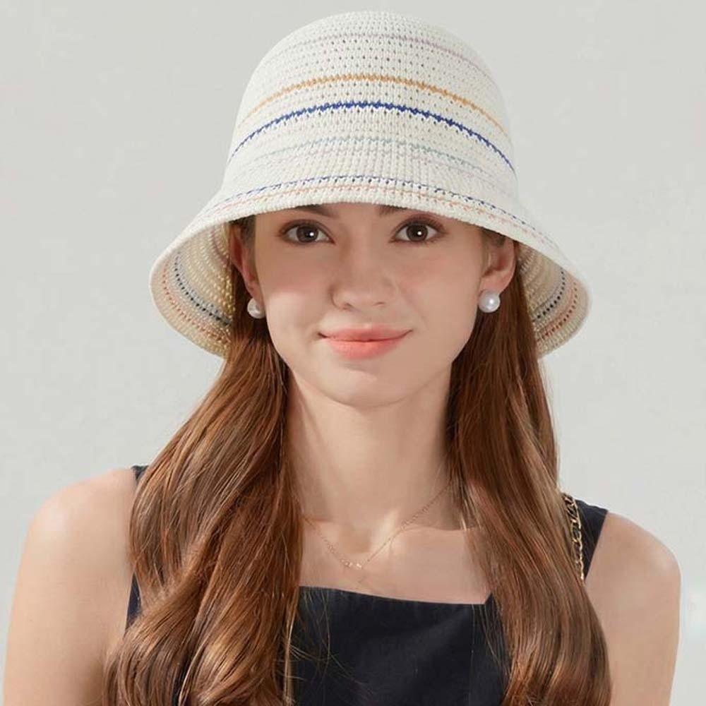 Hollow Out Knitted Bucket Hat Temperament Sun Protection Cap Colorful Striped Fisherman Hat Spring