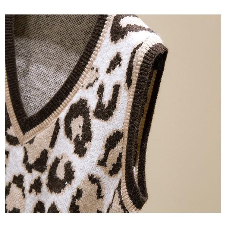 Dámská pletená vesta s výstřihem do V se vzorem leopardí srsti Jarní a podzimní vesta Korejský pulovr Svetrová vesta