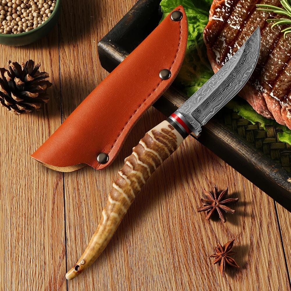 1pc Angular Handle Multi-Functional Knife-Damascus Pattern Blade Knife with Sheath Cover,Ideal for Meat Fruit Cuttin and Carving