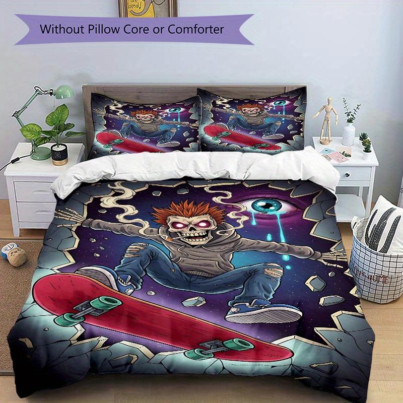 3pcs set Skateboarding Skeleton 1 Quilt Cover + 2 Pillowcases, All Seasons Bedroom Setting, Perfect for Home and Dorm Decor a196