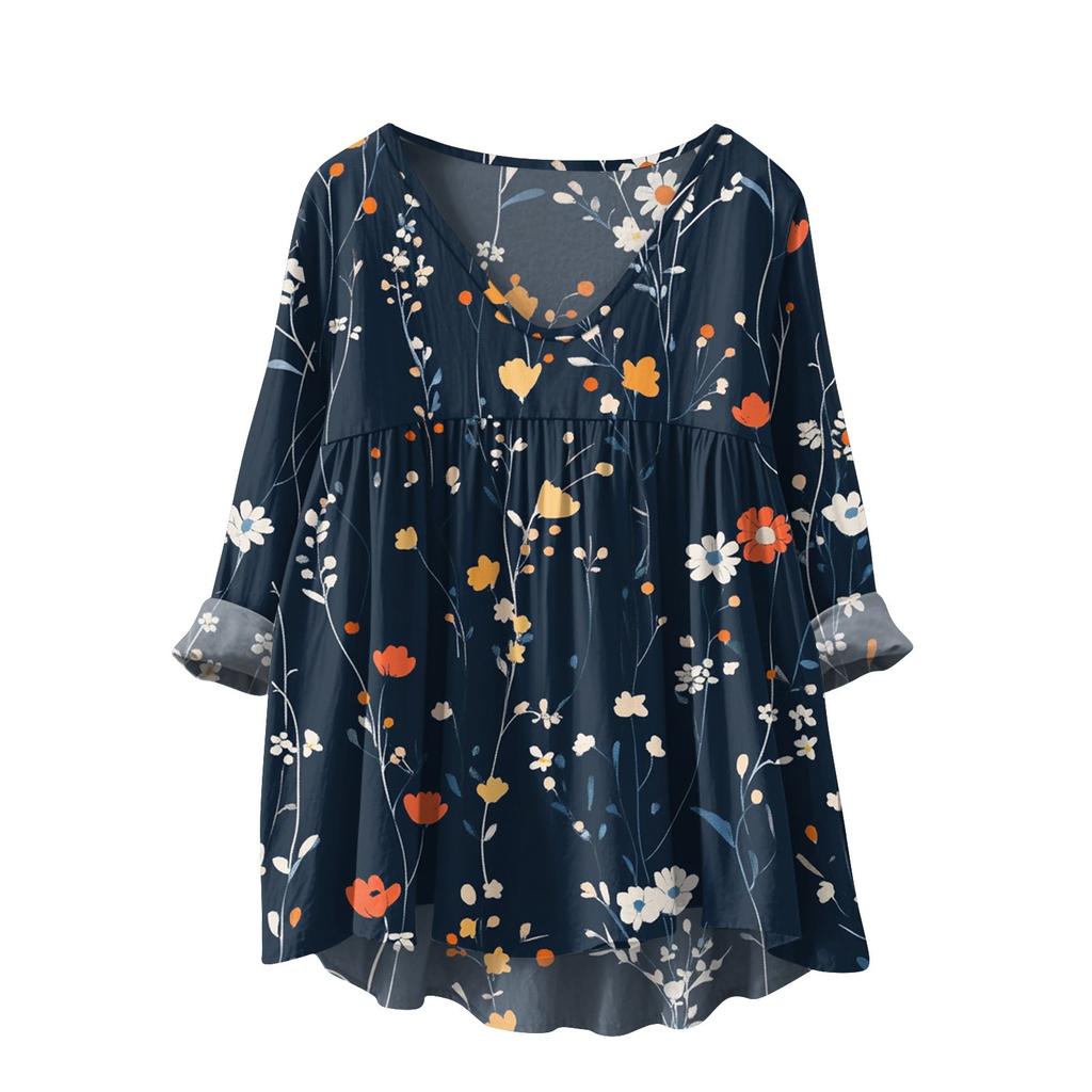 Women's Fashionable And Casual Shirt Long-sleeved V-neck Print Cotton And Linen Blouse