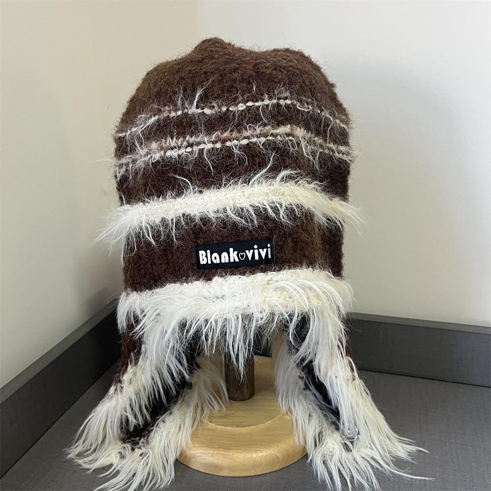 Contrast Color Neck Plush Hat Women's Autumn and Winter Warm Ear Protection Knitted Hat Big Head Circumference Fashionable and Cute Headgear