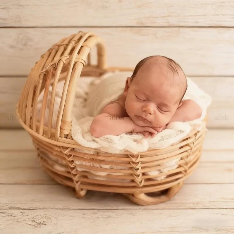 1 Piece Rattan Crib Basket Retro Baby Photography Props Professional Studio Furniture Tool Essential for Baby Photo Shooting Use