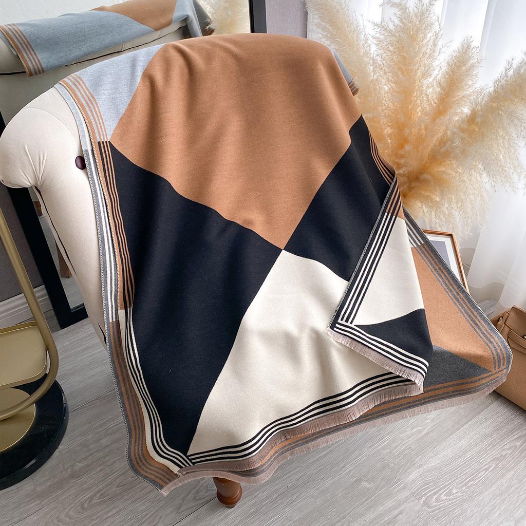 Winter Geometric Splicing Letters Versatile Simple Neck Protection Warm Scarves High Temperament Women Two-Sided Jacquard Shawl