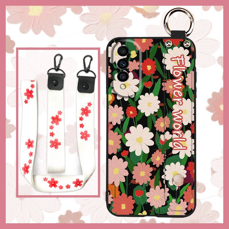 Waterproof Silicone Phone Case For Wiko T50 Ring Phone Holder Dirt-resistant Flower Lanyard Wrist Strap Wristband