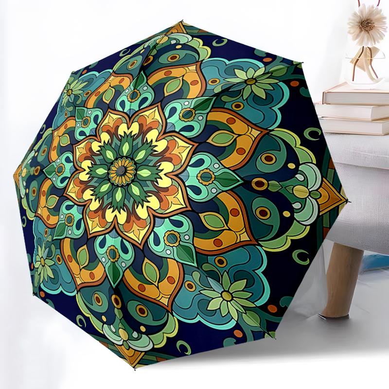 1pc Sturdy 8-Bone Auto Umbrella, Mandala Umbrella, Digital Printed, Foldable Umbrella for On-the-Go Outdoor Use