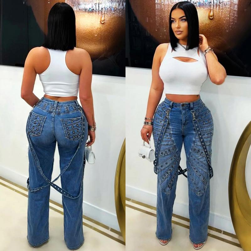 2026 New Fashion High-Waisted Jeans with Metal Studs Casual Women's Trousers