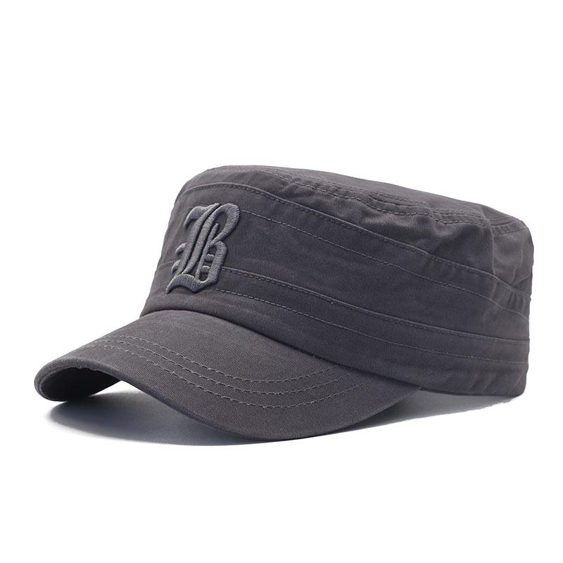 European and American men's pure cotton flat top hat, letter embroidery cap, sports outdoor visor, military hat