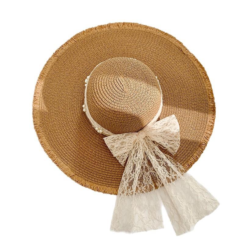 Summer New Hat Women's Lace Streamer Pearl Sun Hat Seaside Beach Sun Protection Sunshade Straw Hat