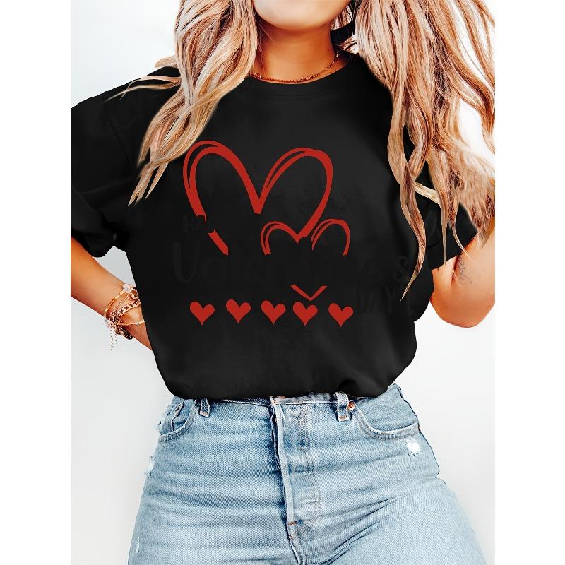 European Size Women's Valentine's Day Red Heart Print Short-Sleeve T-Shirt - Vintage Round Neck Blouse