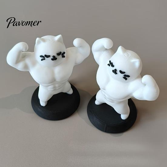 Office Desk Accessories 3D Printed Muscle Cat Figurine, Funny Strong Animal Ornament for Cute Home Office, Creative Sculpture with Base, Unique