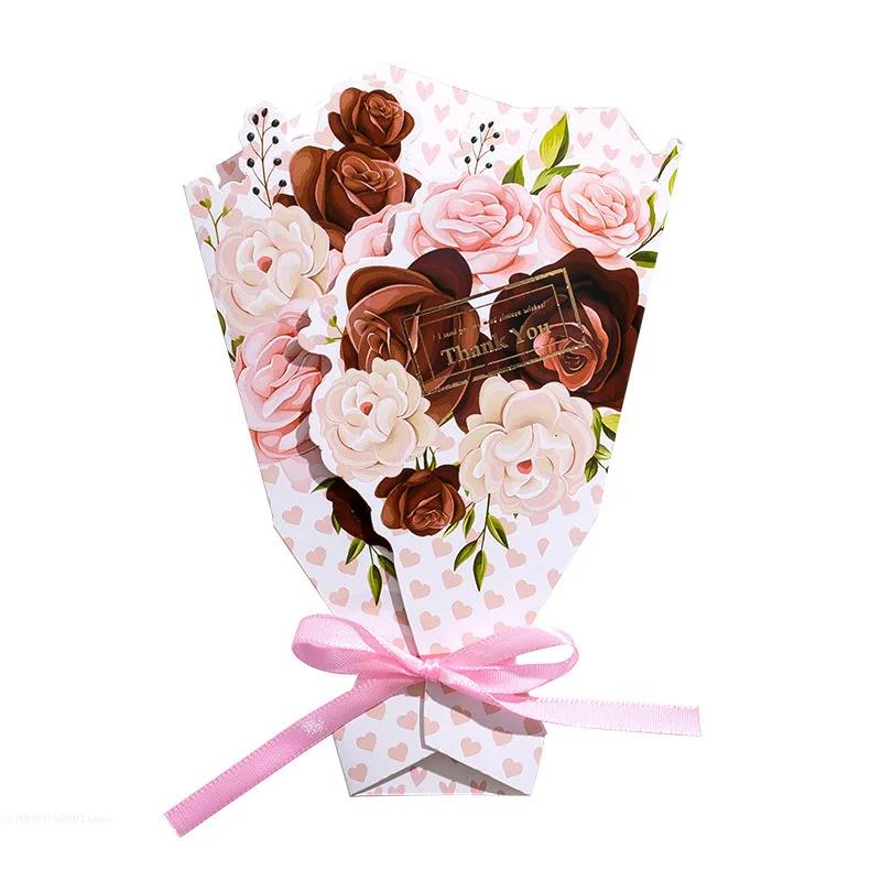1pcs 3D Bouquet Greeting Card Bow Foil Valentine's Day Christmas Blessing Thank You Gift Message Thanksgiving Greeting Card