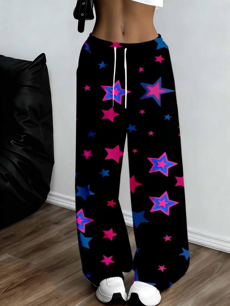 Women's Plus Size Wide Leg Pants Black Pink Blue Star Print Casual Home Wear Overseas Print