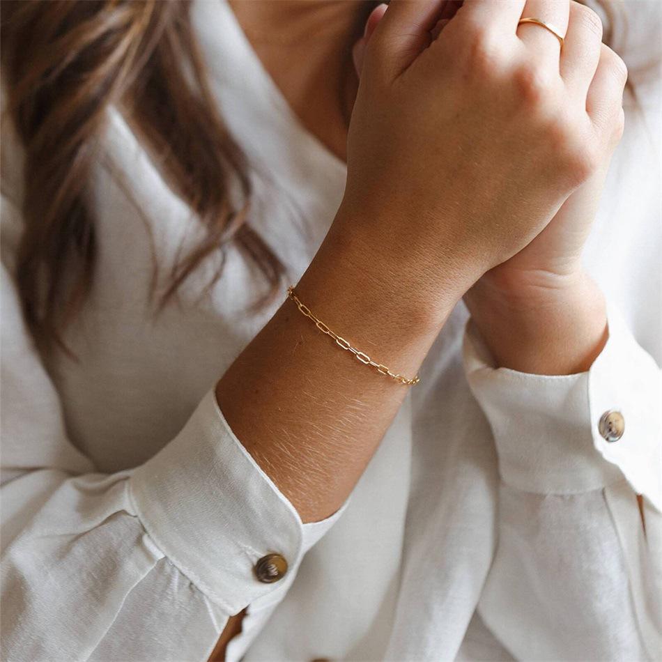 CARLIDANA Fashion Stainless Steel Gold Plated Paper Clip Bracelets Women Men Cuban Link Mesh Chain Bracelet Simple Jewelry