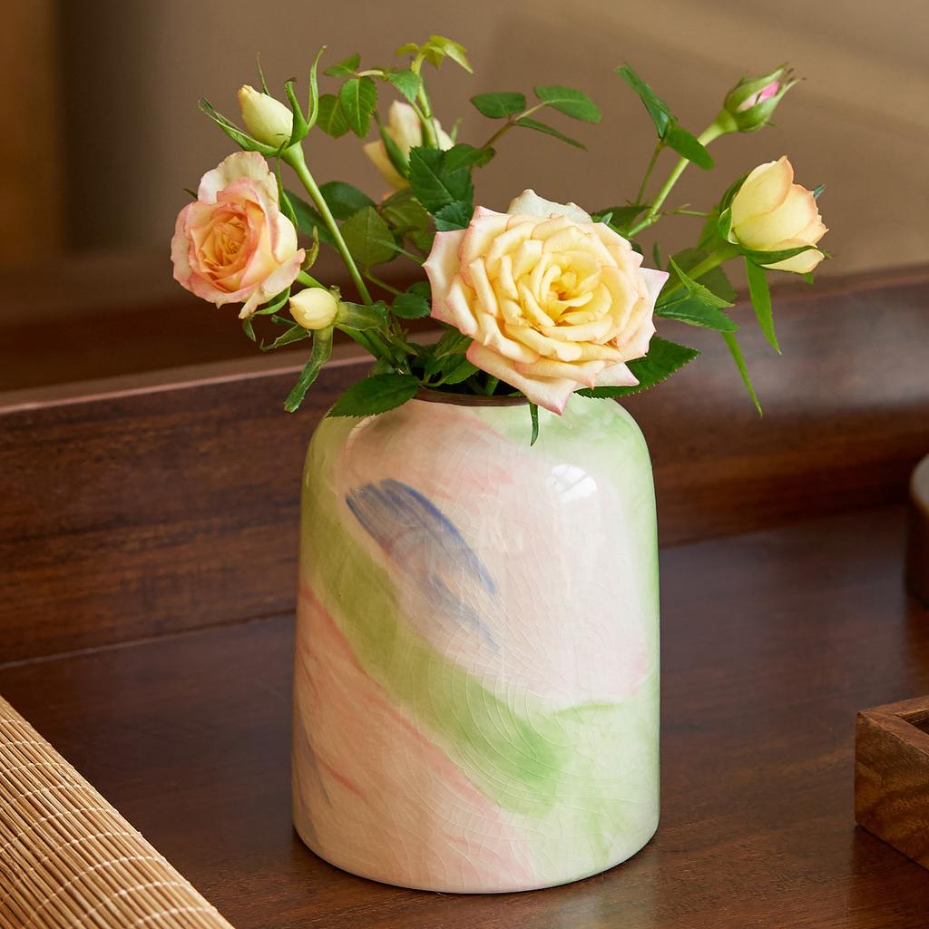 Hand Drawn Oil Painting Ceramic Vase Glazed Hydroponic Vase with Cracks American Country Style Home Interior Decoration Gift