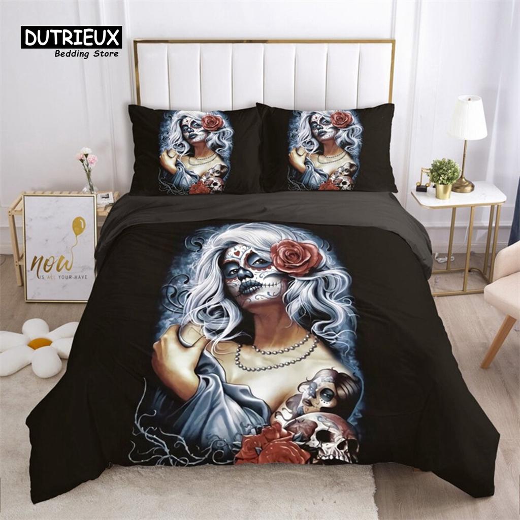 Sugar Skull Duvet Cover Gothic Skull Skeleton Bedding Set Horror Theme Comforter Cover Full King For Teens Adults Bedroom Decor