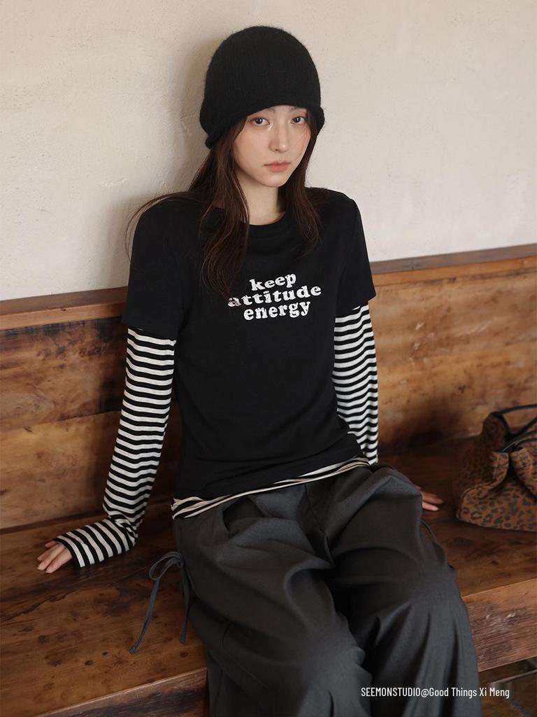 Yimeng 2025 Herbst Eleganz im koreanischen Stil gestreiftes Zwei-in-Eins T-Shirt