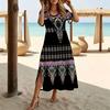 Women Fashion Round Neck Ethnic Color Circle Printed Short Sleeve Side Slit Dress Casual Vacation Dress Long Loose Dress
