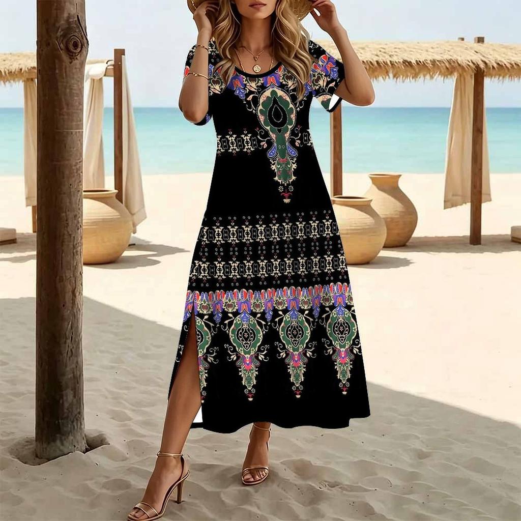 Women Fashion Round Neck Ethnic Color Circle Printed Short Sleeve Side Slit Dress Casual Vacation Dress Long Loose Dress