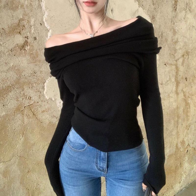 Women's Slim Fit One-Shoulder White Long-Sleeve Sweater, Elegant Pleated Spring Top