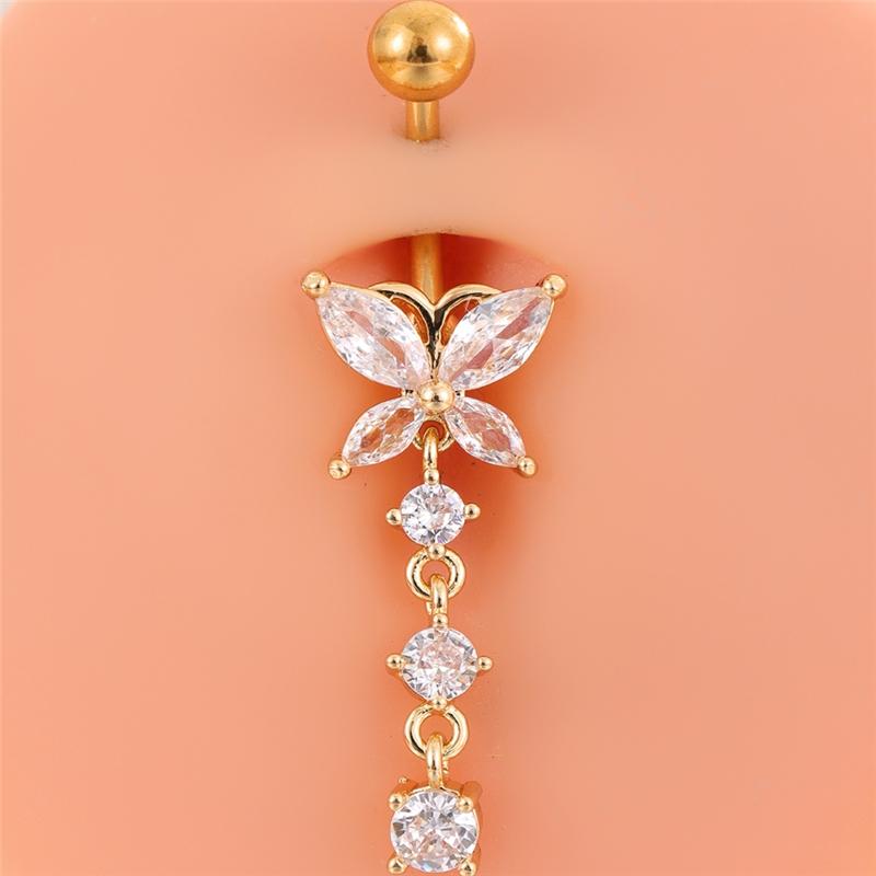 Set 6 Stainless Steel Gold-Plated Heart-Shaped Butterfly Navel Rings Cubic Zirconia 14G Bar Belly Button Piercing Rings Weddings