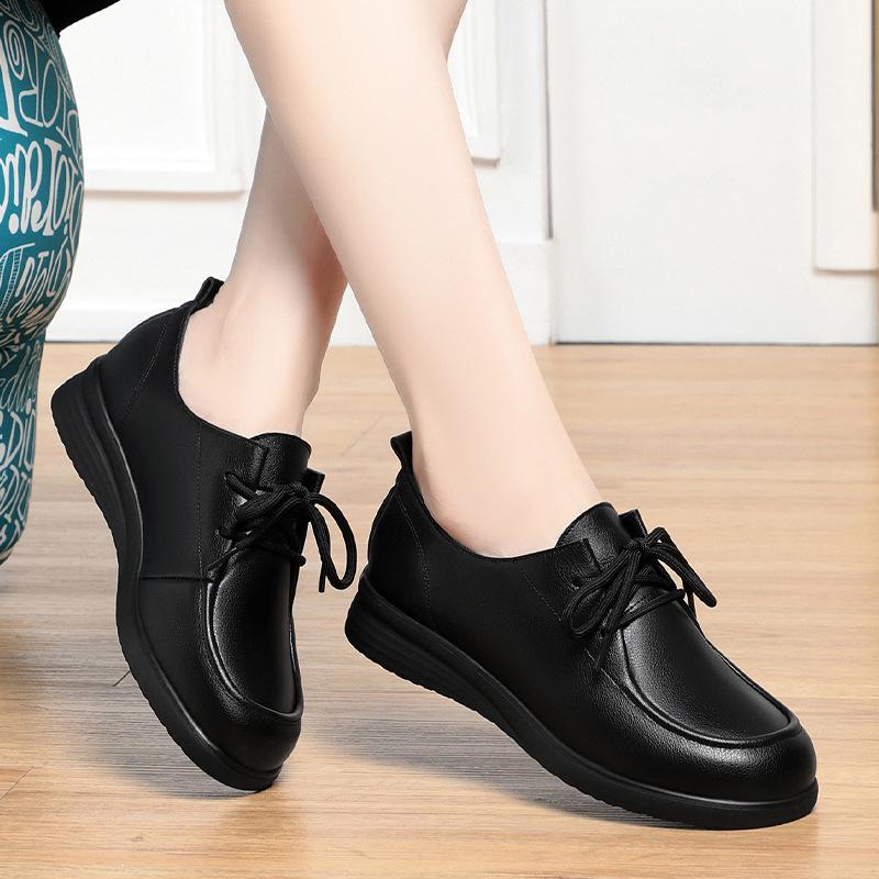 Lace-up work shoes women's black spring and autumn soft leather soft-soled women's shoes are not tired after standing for a long time,