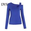 Women Top Sexy Tops Skew Collar Slanted Shoulder Bottoming Body Curves Enhancing Hollow Design Slim Fit Solid Color Long-Sleeved T-Shirt Long-sleeved