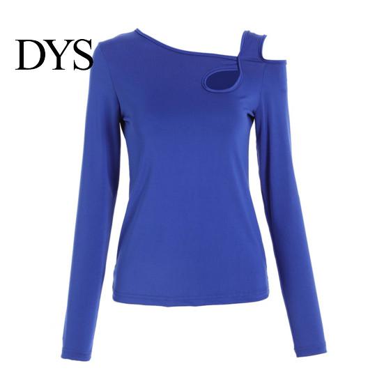 Women Top Sexy Tops Skew Collar Slanted Shoulder Bottoming Body Curves Enhancing Hollow Design Slim Fit Solid Color Long-Sleeved T-Shirt Long-sleeved