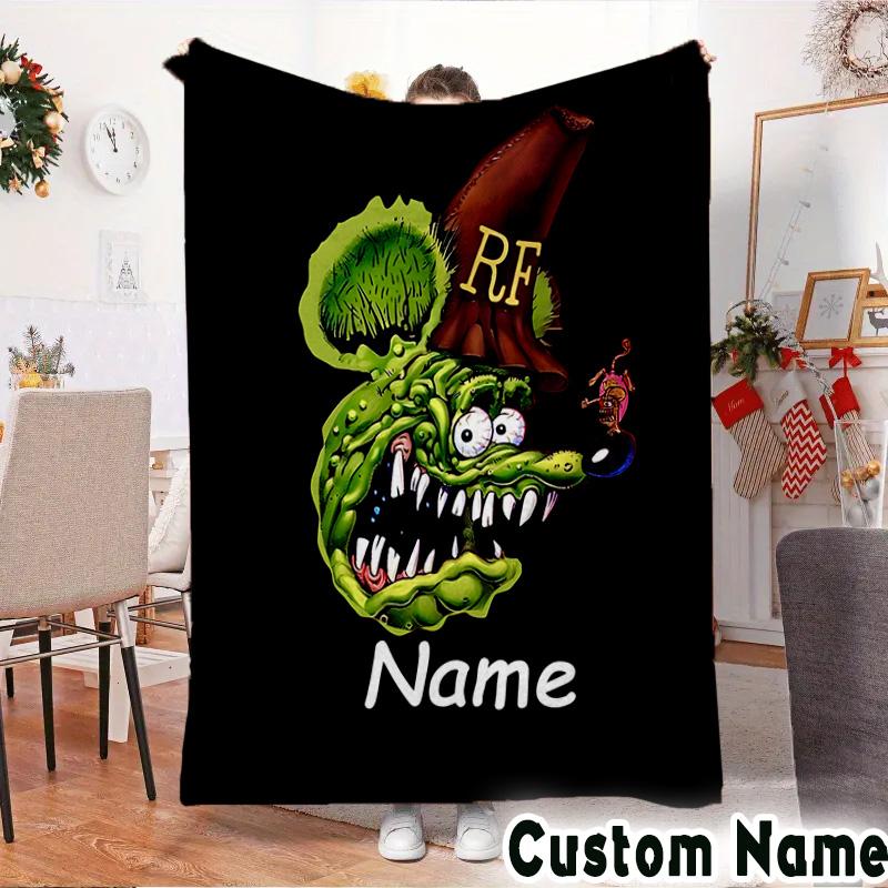Custom Name Rat Fink Throws Blanket Flannel Blankets for Couch Bed Gifts for Men Women Picnic Blanket Christmas Fan Gifts