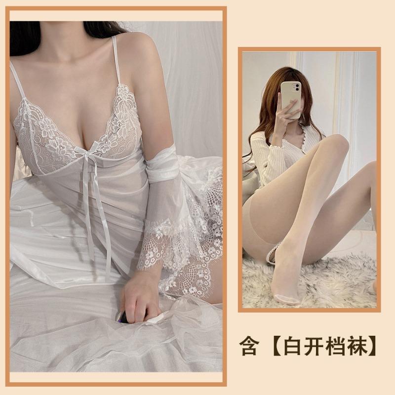 Sexy Women's Pajamas, Be Careful, Large Size Lace Mesh Yarn, Pure Desire Wind, Hot Transparent Robe, Four-piece Home Furnishing