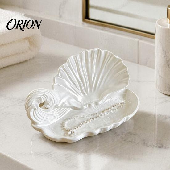 Bedroom Dresser Accessory Tray 3D Printed Shell Wave Jewelry Tray, Pearlized White Organizer Dish, Elegant Ring Seashell Shape Dish Trinket