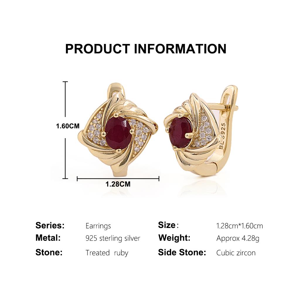 Women's Rhombic Design 925 Sterling Silver Yellow Earrings Natural Ruby Oval 4*5mm Real Gemstone Fine Jewelry Valentine's Gift