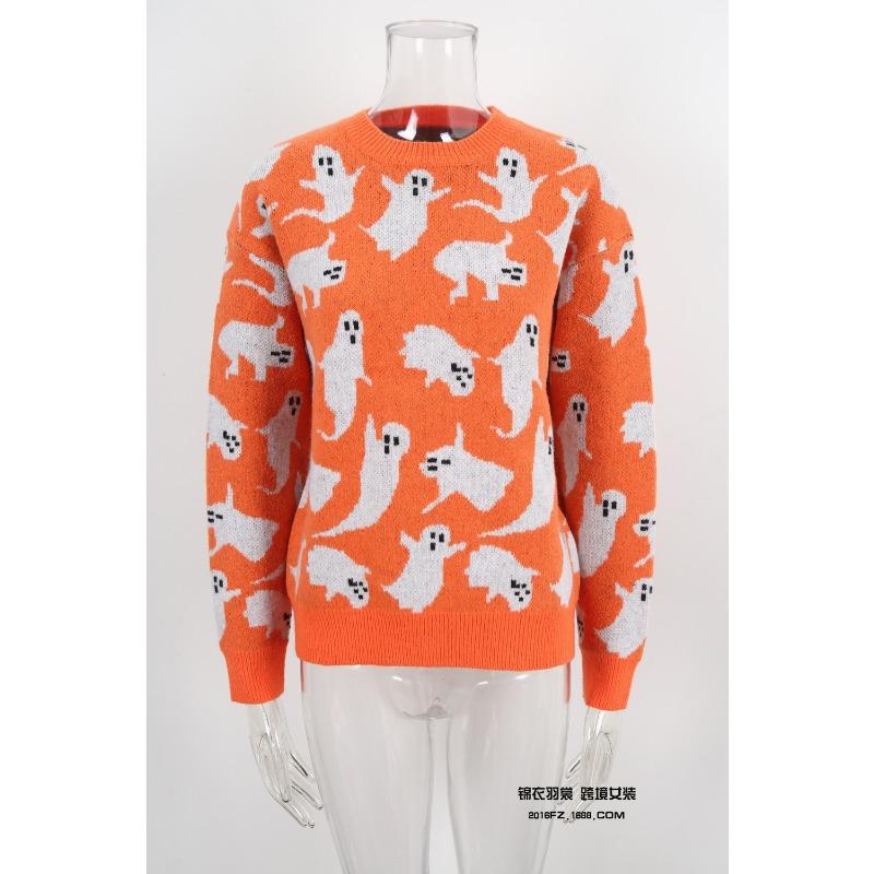 Women Pullover Halloween Sweaters Ghost Print Jumpers Long Sleeves O Neck Loose Slight Strech Casual Office Lady 2025 Autumn