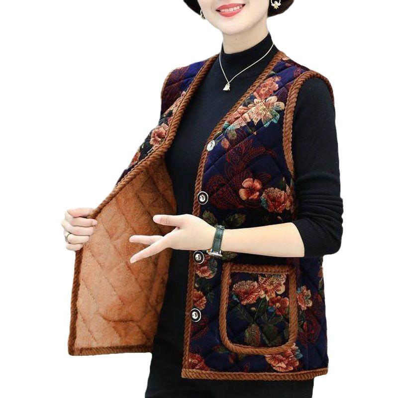Middle-aged and Elderly Waistcoat, Female Grandma's Cotton Vest, Plus Velvet Thickened Jacket, Winter Clothes, Mother's Warm Waistcoat