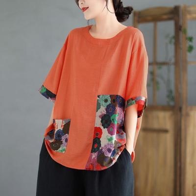Summer Retro Fashion Loose Fit Plus Size Half Sleeved Round Neck Patchwork Contrasting Printed Female T-shirt Tops