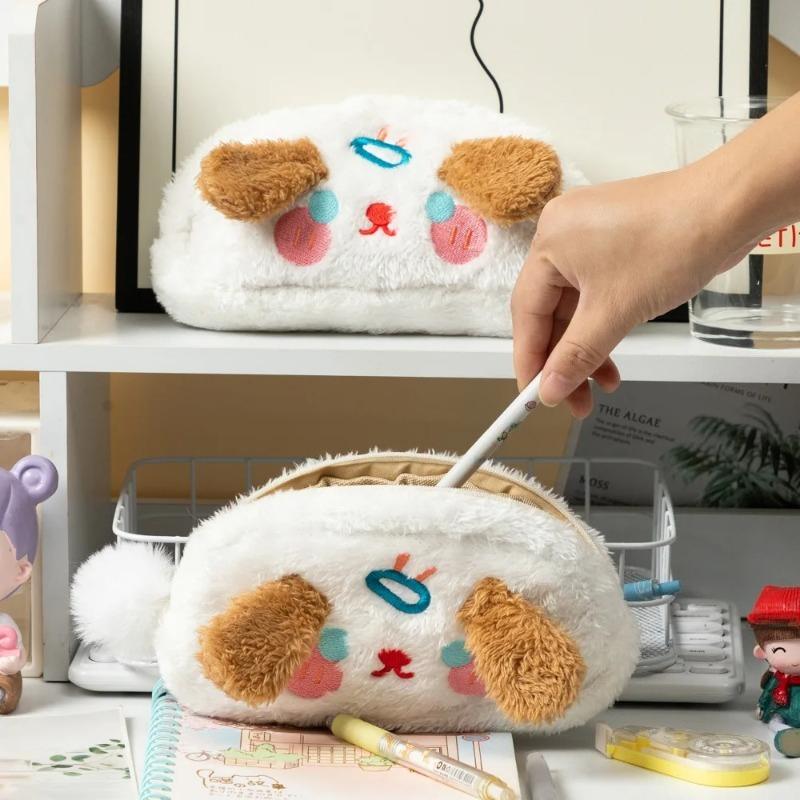 Cute Plush Pencil Case with Animal Glasses Design Large Capacity Cat Dog Shaped Makeup Bag School Stationer Bag Gift for Kids