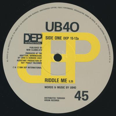 Disco de 12 pulgadas UB40 - Riddle Me DEP1512 DEP Internation 1984 Reino Unido Reggae, Ska & Dub Usado