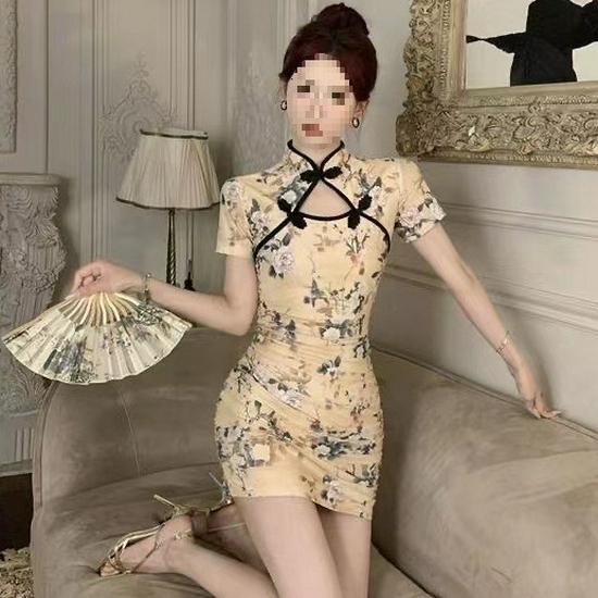 Modern Floral Print Qipao: Slim Fit, Pleated, Hollow Out, Summer Dress with Cinched Waist and Hip-Hugging Design