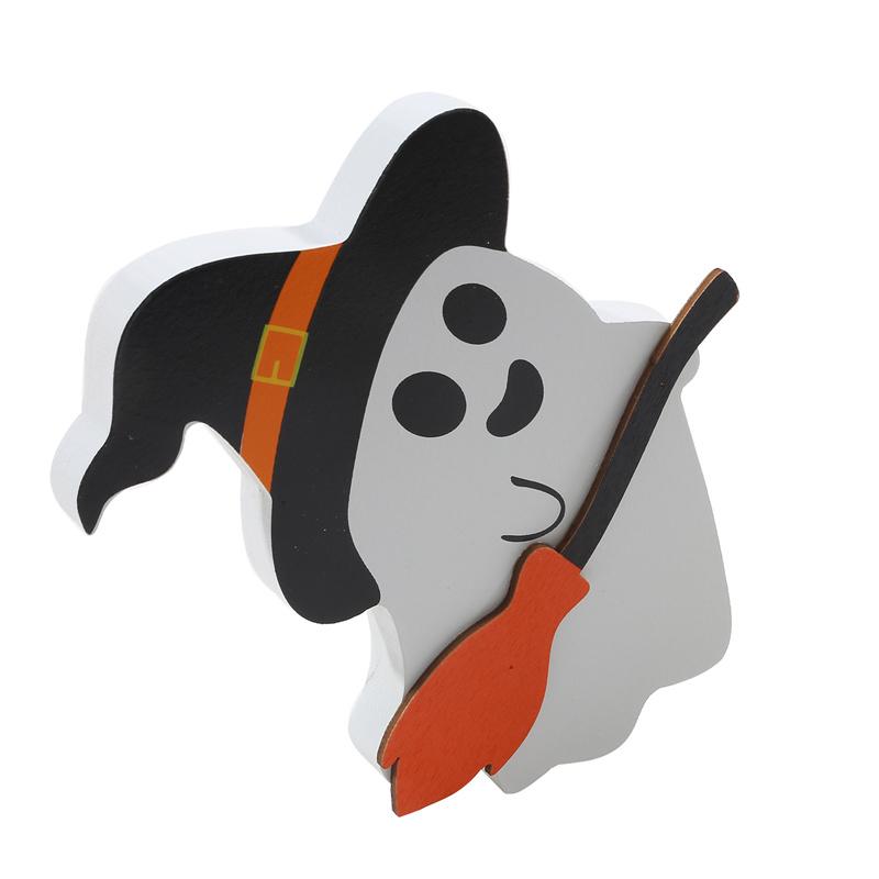Niedliche Geister-Halloween-Dekoration für den Innenbereich, gruselige Deko, Holztablett-Dekor, Tischschild, schwarzer Katzenbesen, Kürbisblöcke für Partys, Zuhause, Regaldisplay