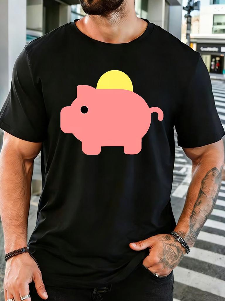 Simple Pink Piggy Bank With Gold Coin Graphic Unisexs Cotton Crew Neck Tee Short Sleeve Loose Wealth Casual Daily Street Male Top