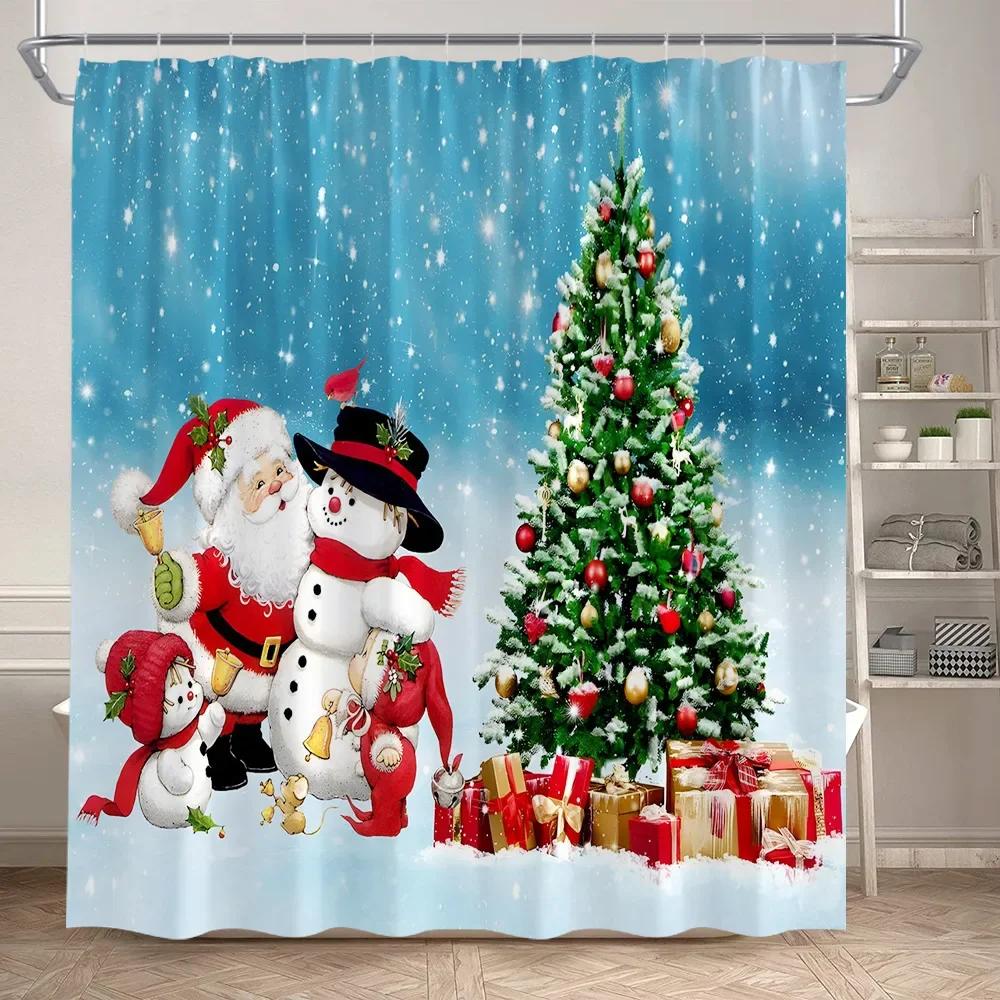 Winter Weihnachten Duschvorhang Set Niedlicher Schneemann Rote Vögel Geschenke Wald Zeder Neujahr Xmas Badezimmer Deko Duschvorleger Toilettensitzbezug