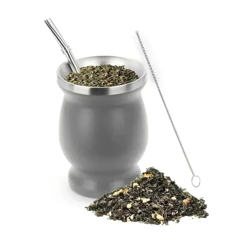 8oz Tea Yerba Mate Cup 304 Inox Double-Wall Insulated Vacuum Stainless Steel Mate Straw Tea Coffee Set With Spoon Brush Bombilla