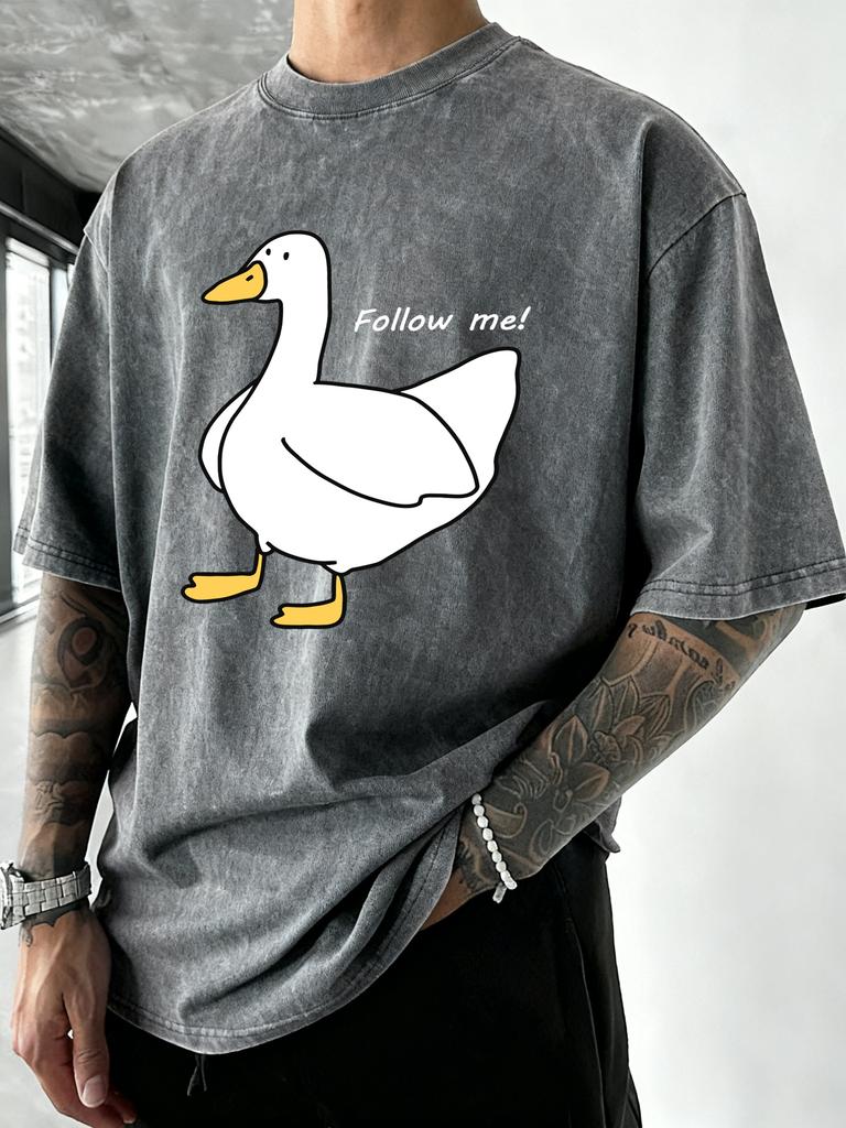 Follow The Goose Design Men Washed T Shirt Summer Hip Hop TShirt Crewneck Cotton Sportswear Casual Oversized Short Sleeves