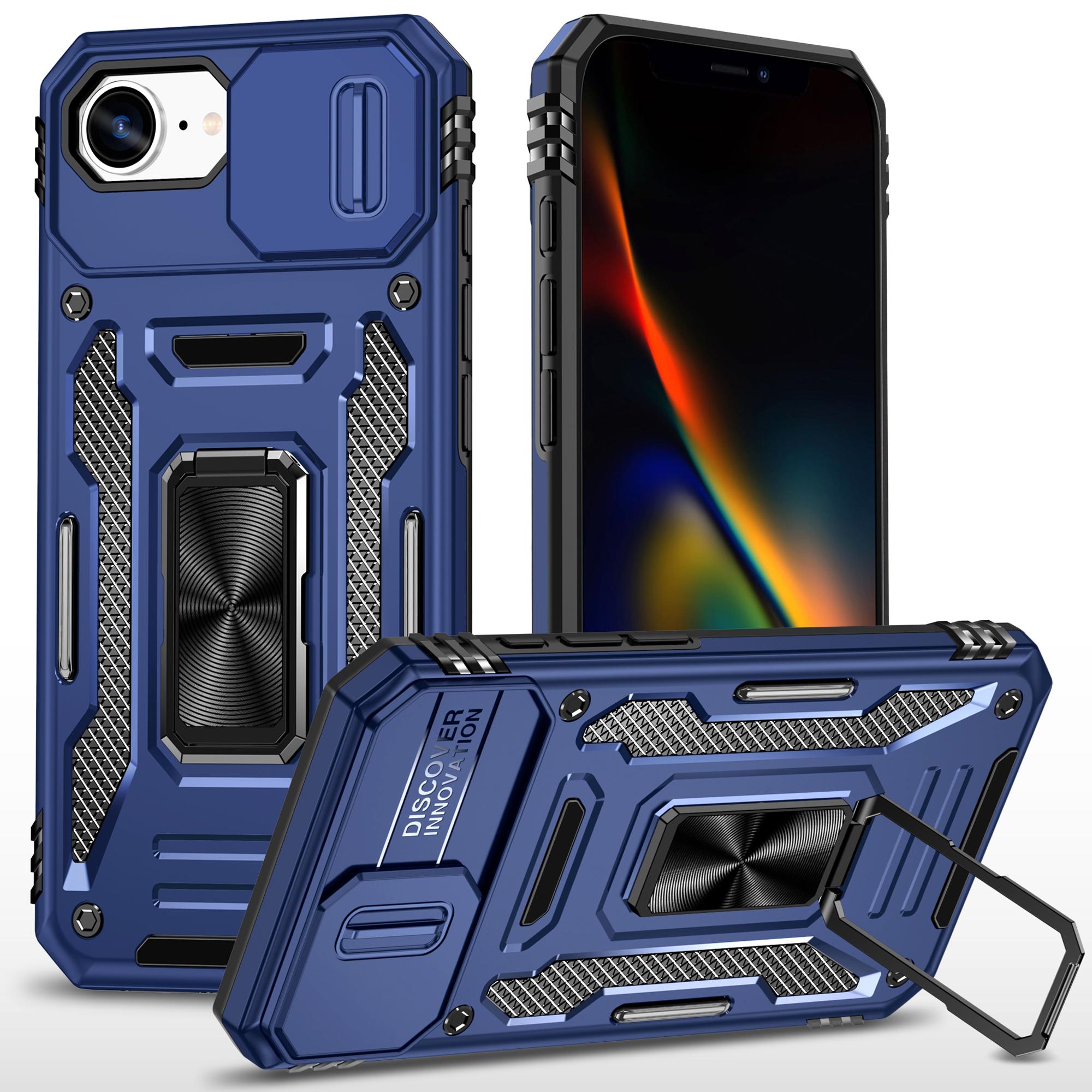 

For iPhone 16e Case Kickstand Slide Lens Lid PC+TPU Drop-Proof Phone Cover Navy Blue