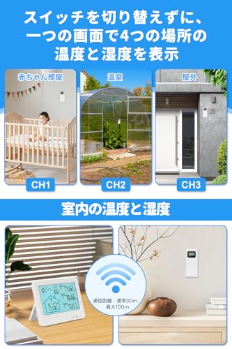 Digital Wireless Thermometer and Hygrometer, Three Sensors, High Precision, Large LCD Screen, Waterproof, Weather Forecast, Outdoor/Indoor Use, Backli