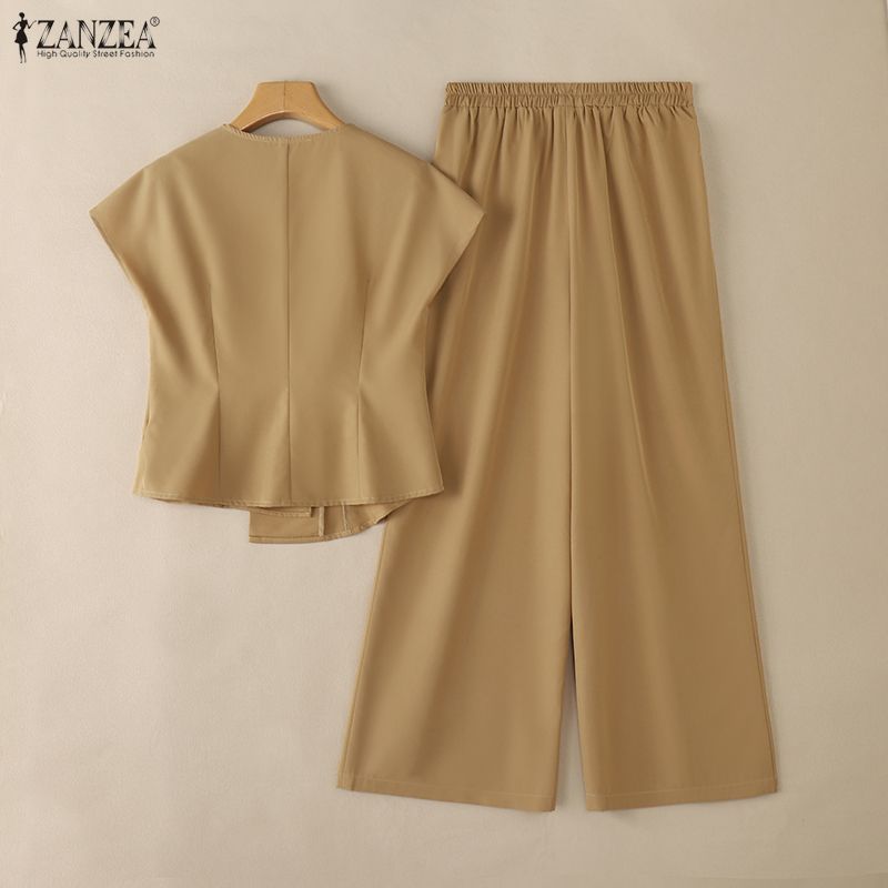 ZANZEA Kadın Kısa Kollu Bluz ve Pantolon Günlük İki Parça Takım Setleri