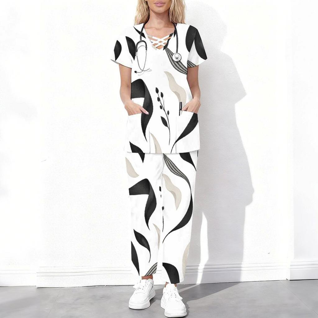 Women Plus Size White Floral Printed Scrub Set Crisscross Cutout Neck Short Sleeve Top With Pockets Long Pants Two Piece