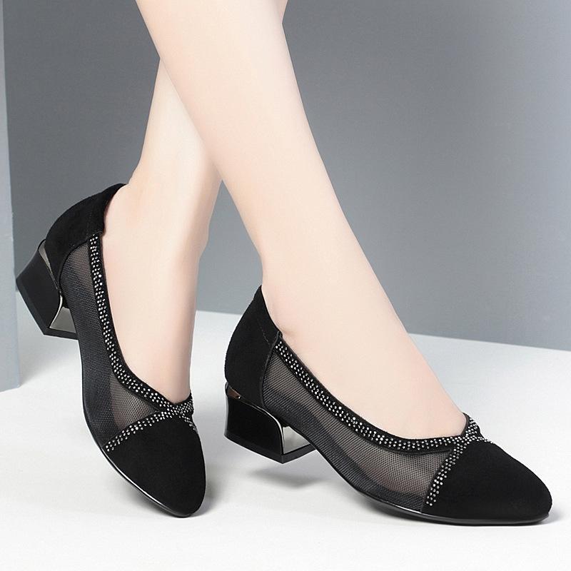 Rhinestone Mesh Women Shoes Classic 3.5/5.5cm High Quality Hollow Out Comfort Slip On Square Heel Shoes Lady Fashion Party Shoe
