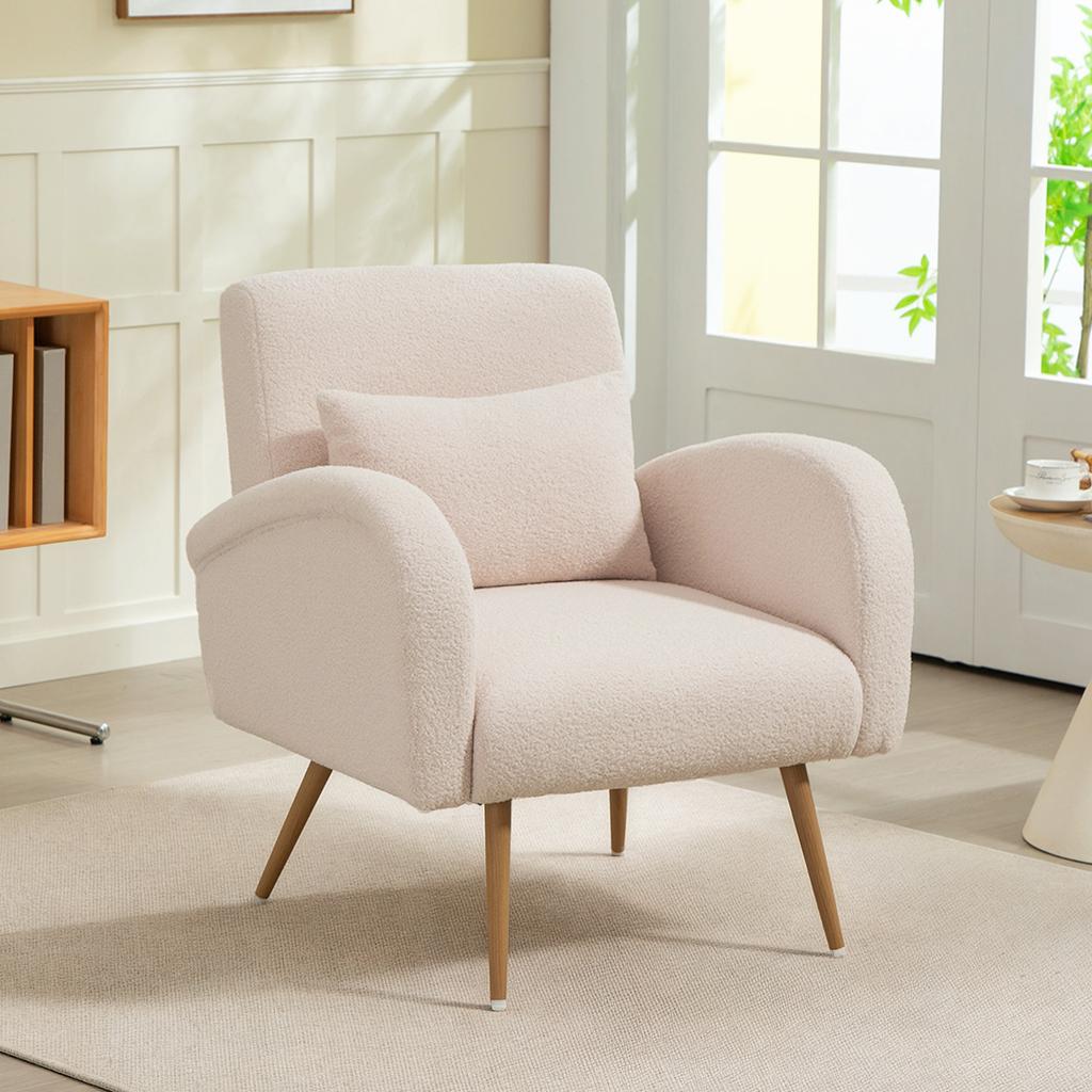 Teddy Fabric Lounge Chair, Upholstered, Wide Seat, Lumbar Cushion, Wood-Effect Metal Legs, Beige
