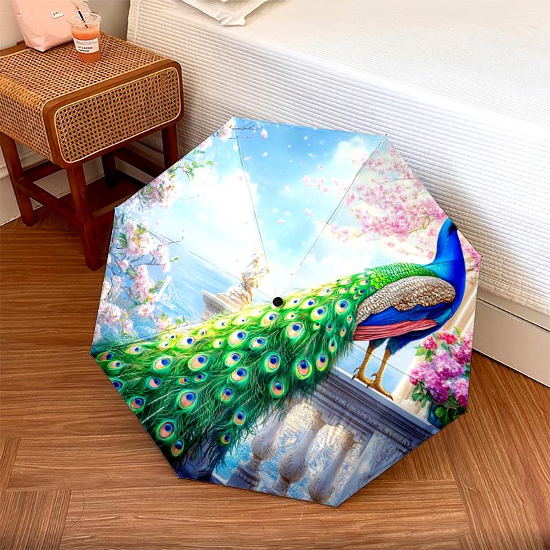 1 PC Automatic Folding Umbrella - Peacock Garden Pattern, Portable & Foldable Design with 8 Ribs, Christmas Birthday Gifts